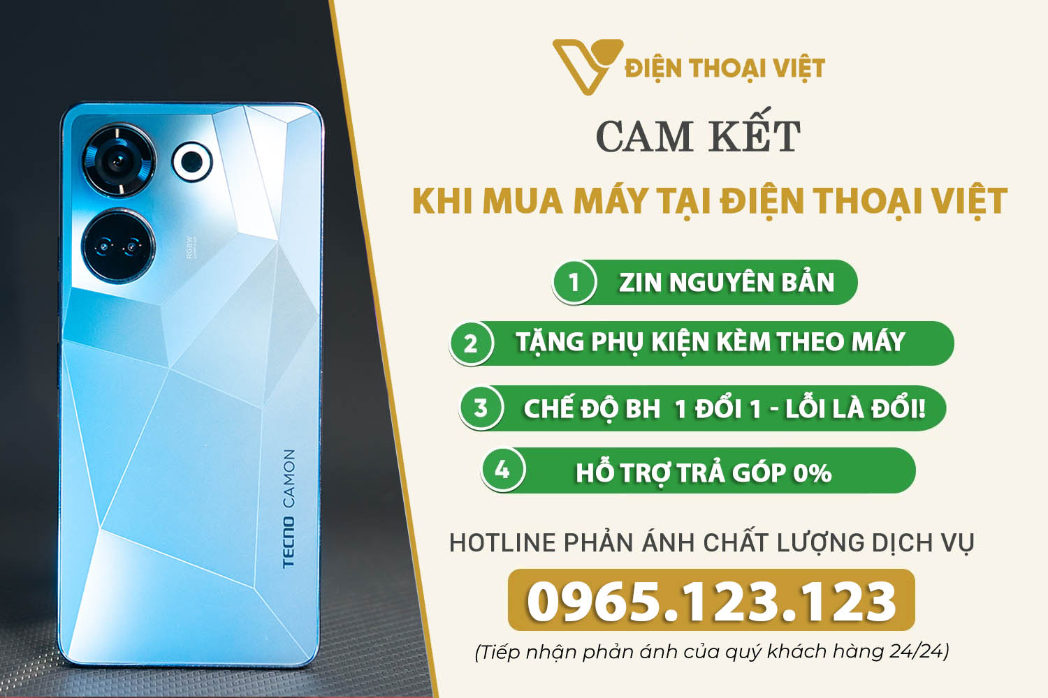 Cam kết khi mua điện thoại Tecno tại Điện Thoại Việt
