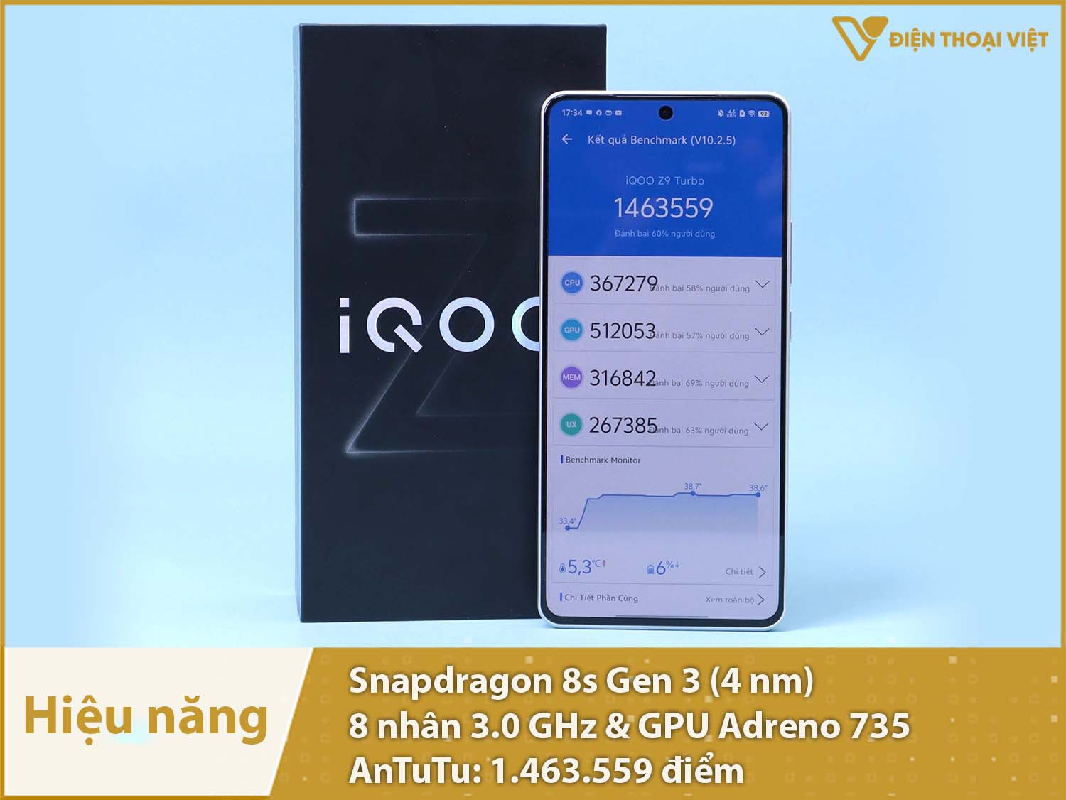 Hiệu năng mạnh mẽ với 1.463.559 điểm AnTuTu